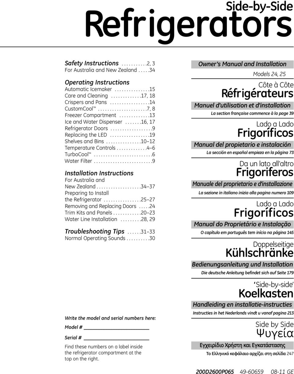 ..............10 12 Temperature Cotrols.............4 6 TurboCool.........................6 Water Filter.........................9 Istallatio Istructios For Australia ad New Zealad.