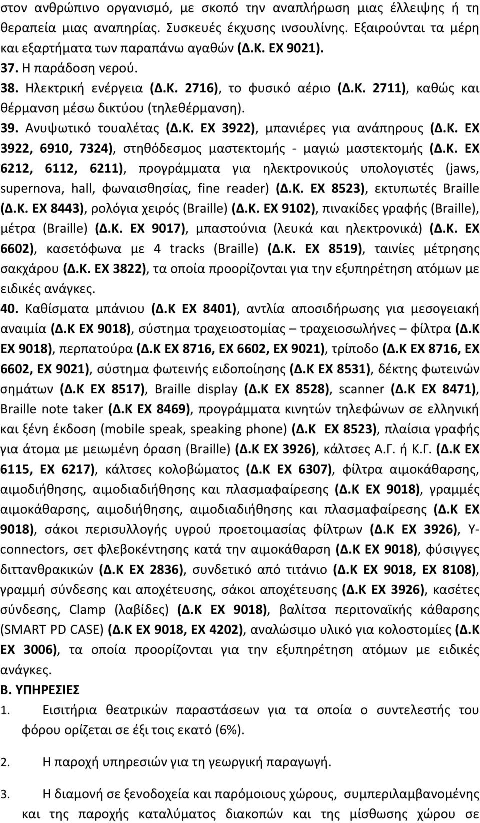 Κ. ΕΧ 6212, 6112, 6211), προγράμματα για ηλεκτρονικούς υπολογιστές (jaws, supernova, hall, φωναισθησίας, fine reader) (Δ.Κ. ΕΧ 8523), εκτυπωτές Braille (Δ.Κ. ΕΧ 8443), ρολόγια χειρός (Braille) (Δ.Κ. ΕΧ 9102), πινακίδες γραφής (Braille), μέτρα (Braille) (Δ.