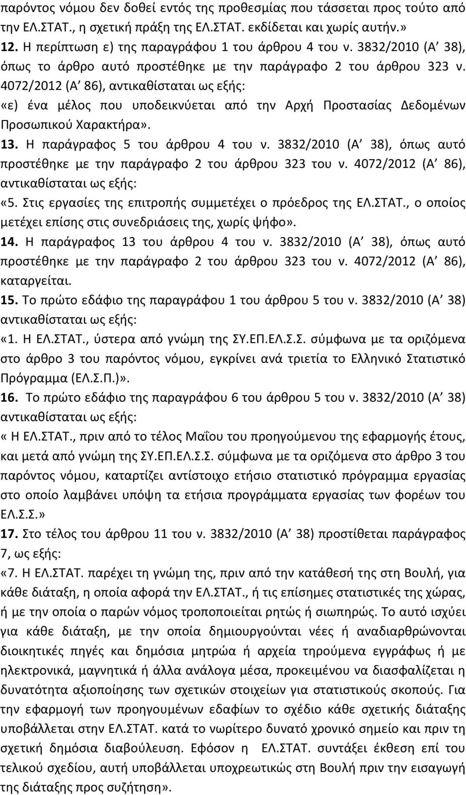 4072/2012 (Α 86), αντικαθίσταται ως εξής: «ε) ένα μέλος που υποδεικνύεται από την Αρχή Προστασίας Δεδομένων Προσωπικού Χαρακτήρα». 13. Η παράγραφος 5 του άρθρου 4 του ν.