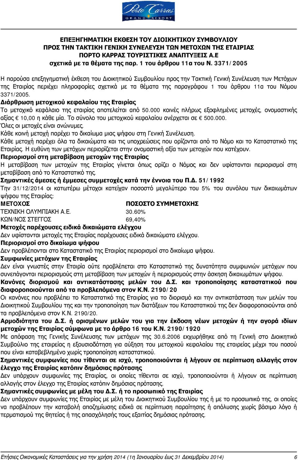 11α του Νόμου 3371/2005. Διάρθρωση μετοχικού κεφαλαίου της Εταιρίας Το μετοχικό κεφάλαιο της εταιρίας αποτελείται από 50.000 κοινές πλήρως εξοφλημένες μετοχές, ονομαστικής αξίας 10,00 η κάθε μία.