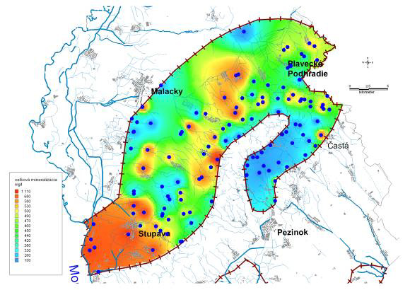 Obr.9 Mapa distribúcie hodnôt celkovej mineralizácie podzemných vôd perspektívnej oblasti pre vyhľadávanie