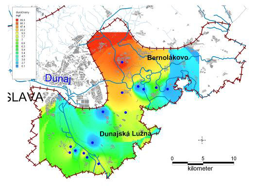 Obr.7 Mapa distribúcie obsahov dusičnanov v podzemných vôd perspektívnej oblasti pre vyhľadávanie strategických zdrojov vody v rámci záujmového územia BSK (Žitný ostrov a priľahlá oblasť) plytký