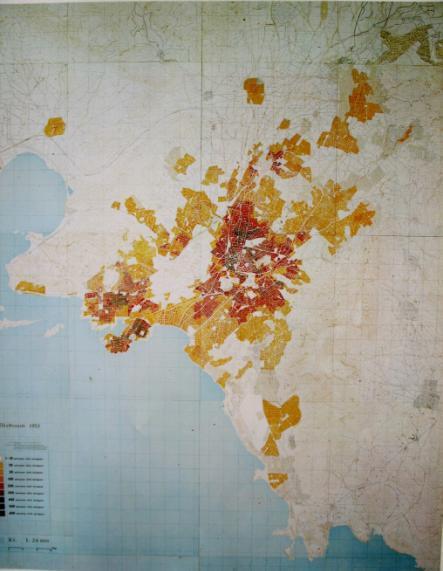1951 Πυκνότητες πληθυσμού Υπουργείον Δημοσίων Έργων (1965), Ρυθμιστικόν Σχέδιον Αθηνών.