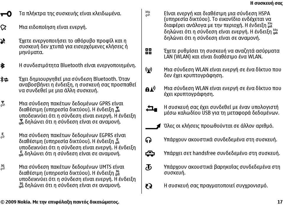 Μια σύνδεση πακέτων δεδοµένων GPRS είναι διαθέσιµη (υπηρεσία δικτύου). Η ένδειξη υποδεικνύει ότι η σύνδεση είναι ενεργή. Η ένδειξη δηλώνει ότι η σύνδεση είναι σε αναµονή.