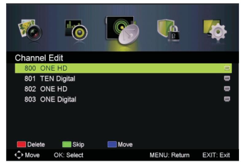 Channel Edit (Επεξεργασία καναλιών) Πιέστε τα πλήκτρα / για να επιλέξετε Channel Edit (Επεξεργασία καναλιών) και στη συνέχεια πιέστε τα πλήκτρα ENTER / για είσοδο στο υπομενού.