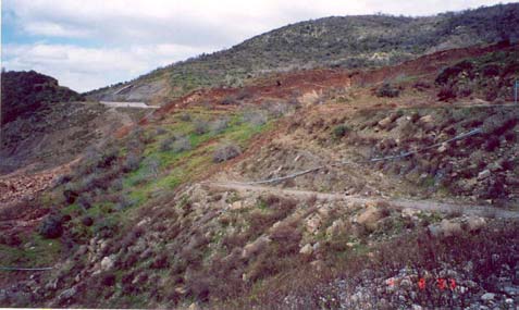 ουργία ενός κρατήρα αυξανόµενης διαµέτρου (Φωτογραφία 1). Παράλληλα παρατηρήθηκε προοδευτική διεύρυνση των ρωγµών και πολύ αυξηµένη ροή νερού στα στραγγιστικά έργα αλλά και γενικότερα στο πρανές.