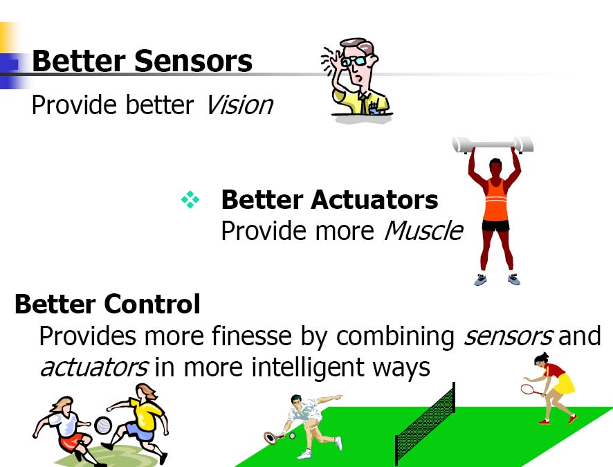U sistemima automatskog upravljanja Senzori predstavljaju "oči" Aktuatori su "mišići" Komunikacijski kanali su "živci" Regulatori su "mozak Teorija automatskog upravljanja osnova je za kvalitetan rad
