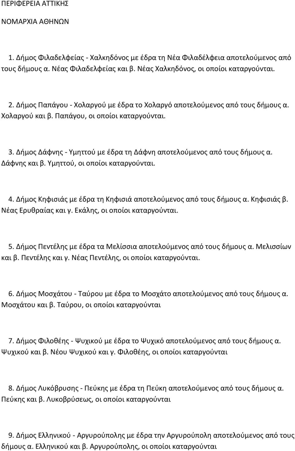 Δάφνης και β. Υμηττού, οι οποίοι 4. Δήμος Κηφισιάς με έδρα τη Κηφισιά αποτελούμενος από τους δήμους α. Κηφισιάς β. Νέας Ερυθραίας και γ. Εκάλης, οι οποίοι 5.