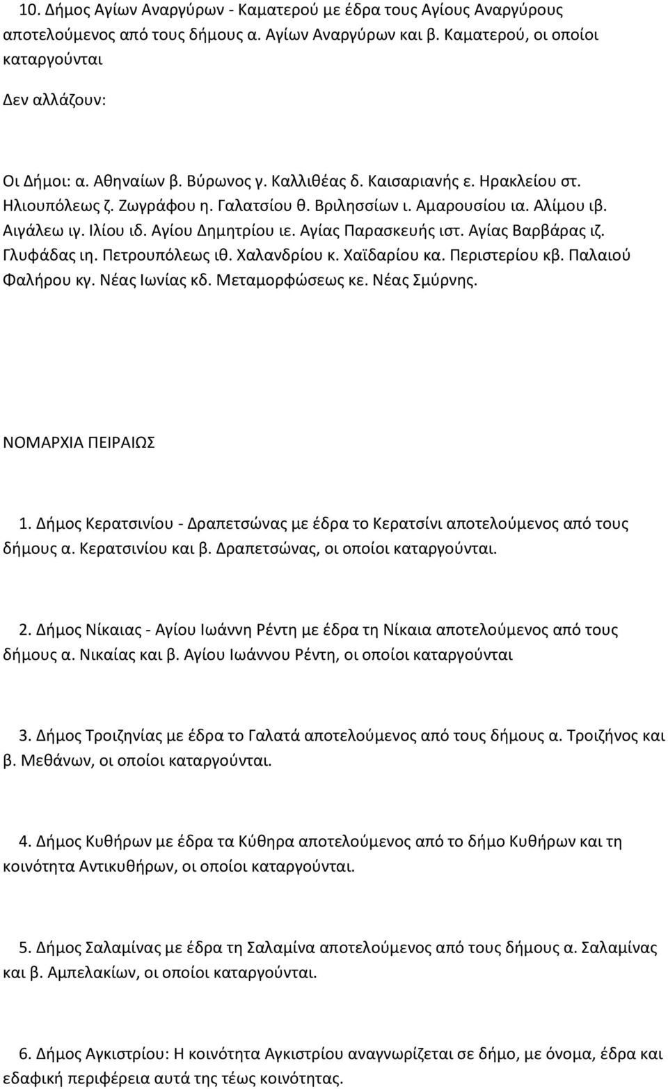 Αγίας Βαρβάρας ιζ. Γλυφάδας ιη. Πετρουπόλεως ιθ. Χαλανδρίου κ. Χαϊδαρίου κα. Περιστερίου κβ. Παλαιού Φαλήρου κγ. Νέας Ιωνίας κδ. Μεταμορφώσεως κε. Νέας Σμύρνης. ΝΟΜΑΡΧΙΑ ΠΕΙΡΑΙΩΣ 1.