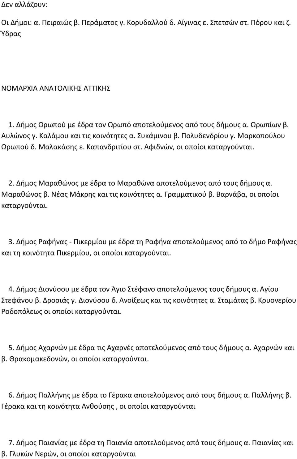 Αφιδνών, οι οποίοι 2. Δήμος Μαραθώνος με έδρα τo Μαραθώνα αποτελούμενος από τους δήμους α. Μαραθώνος β. Νέας Μάκρης και τις κοινότητες α. Γραμματικού β. Βαρνάβα, οι οποίοι 3.