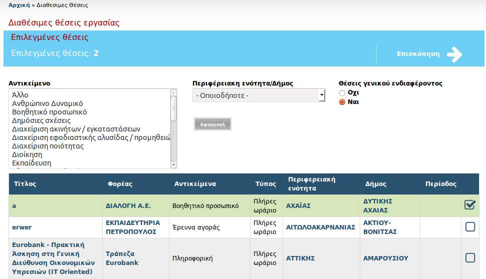 Επιλογή θέσεων εργασίας Αφού έχετε συμπληρώσει το βιογραφικό σας, έχετε διαβάσει τη διαδικασία πρακτικής άσκησης για το τμήμα σας και έχει εγκριθεί η αίτηση σας για εκπόνηση πρακτικής άσκησης, θα