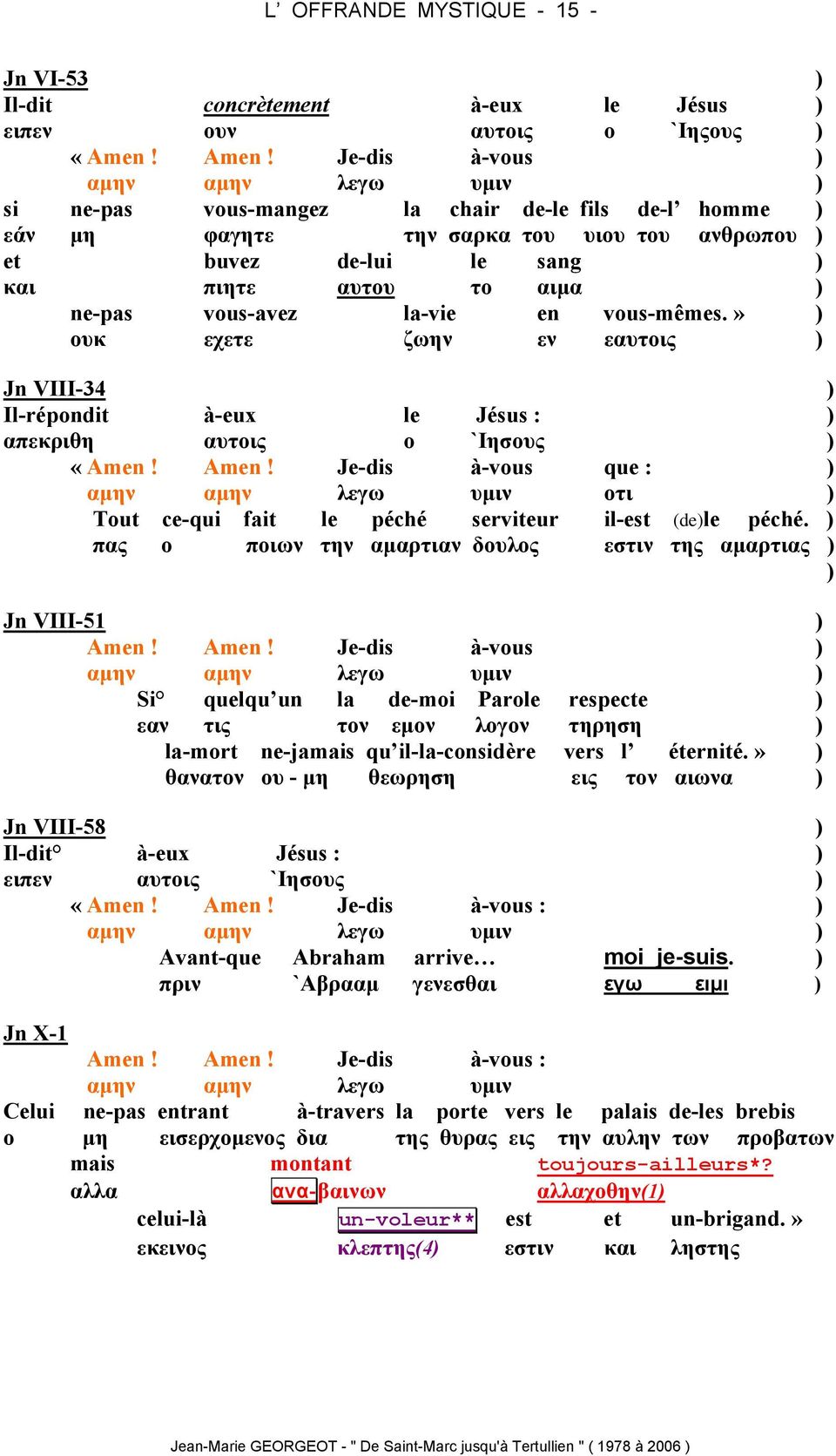 vous-avez la-vie en vous-mêmes.» ) ουκ εχετε ζωην εν εαυτοις ) Jn VIII-34 ) Il-répondit à-eux le Jésus : ) απεκριθη αυτοις ο `Ιησους ) «Amen! Amen!