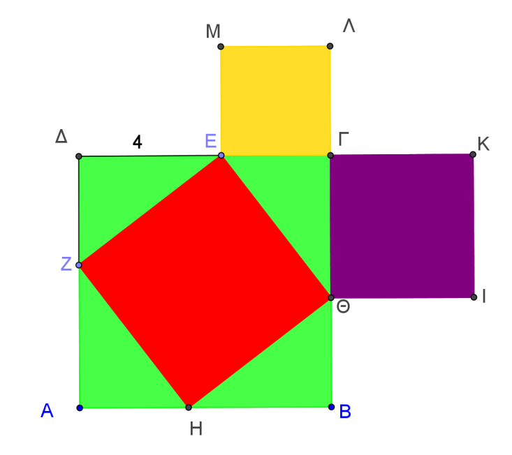 1 η ΔΡΑΣΤΗΡΙΟΤΗΤΑ ( 1 η ώρα) Στο παρακάτω σχήμα έχουμε 4 τετράγωνα τα : ΑΒΓΔ, ΕΓΛΜ, ΓΚΙΘ και ΖΕΘΗ. Τα τμήματα ΔΕ=ΓΘ=ΗΒ=ΑΖ=4 εκ. και το τετράγωνο ΑΒΓΔ έχει πλευρά μήκους 7 εκ. Να βρεθεί: i.