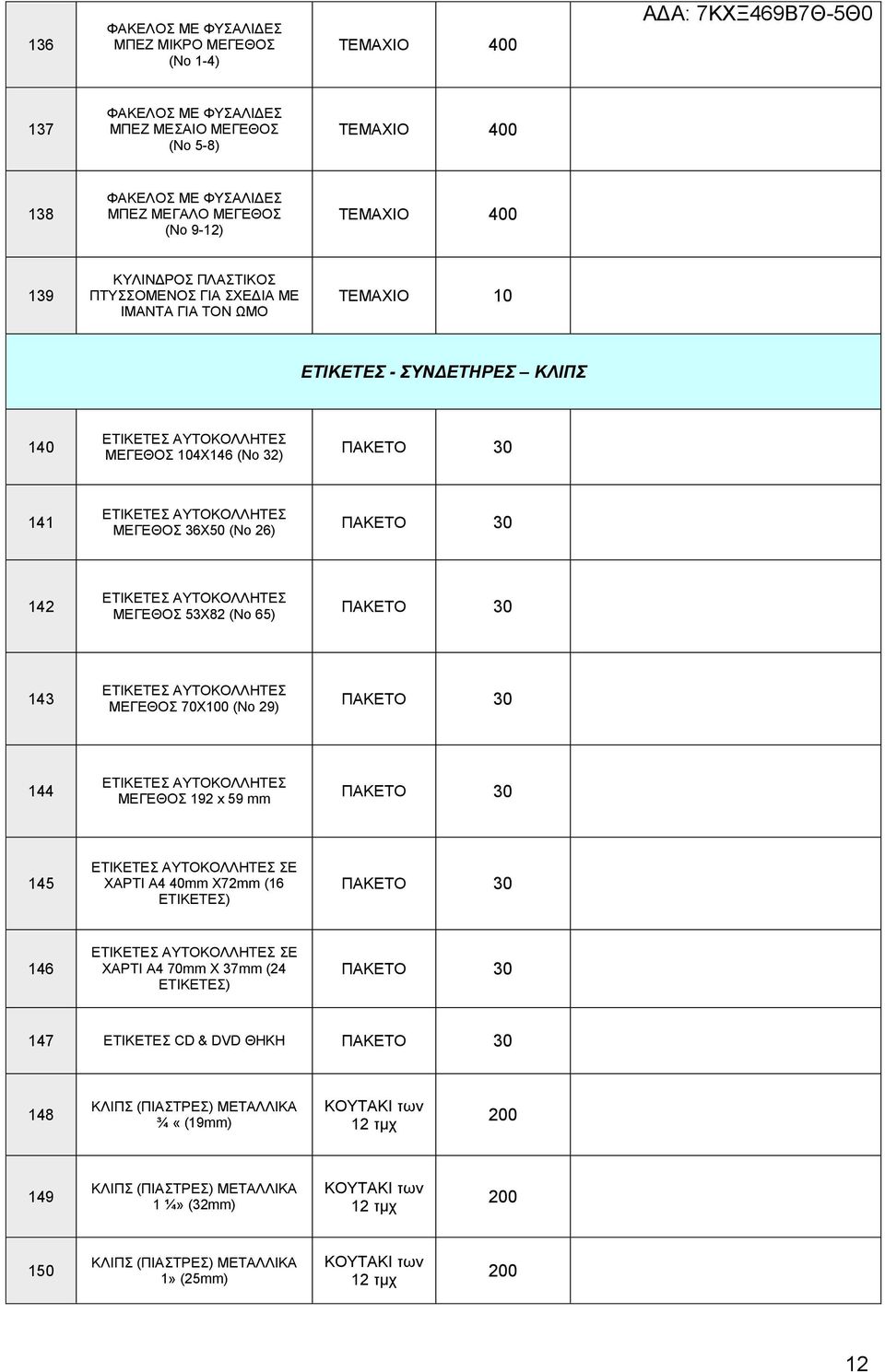 (No 26) ΠΑΚΕΤΟ 30 142 ΕΤΙΚΕΤΕΣ ΑΥΤΟΚΟΛΛΗΤΕΣ ΜΕΓΕΘΟΣ 53X82 (No 65) ΠΑΚΕΤΟ 30 143 ΕΤΙΚΕΤΕΣ ΑΥΤΟΚΟΛΛΗΤΕΣ ΜΕΓΕΘΟΣ 70X100 (No 29) ΠΑΚΕΤΟ 30 144 ΕΤΙΚΕΤΕΣ ΑΥΤΟΚΟΛΛΗΤΕΣ ΜΕΓΕΘΟΣ 192 x 59 mm ΠΑΚΕΤΟ 30 145