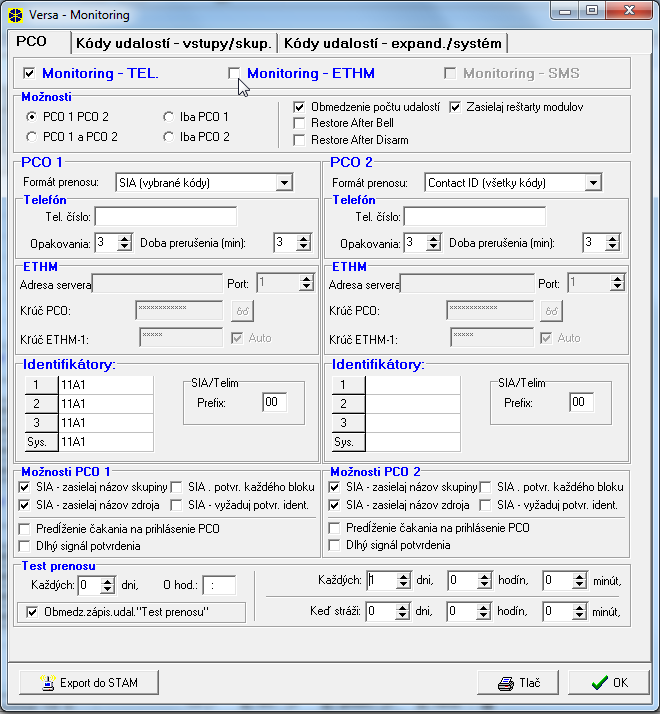SATEL VERSA 61 9. Monitoring Ústredňa môže zasielať kódu udalostí na dva PCO.