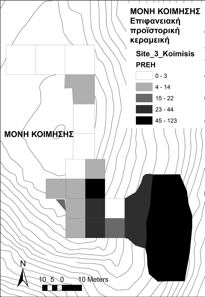 ΑΝΙΧΝΕΥΟΝΤΑΣ ΤΟ ΠΡΟΪΣΤΟΡΙΚΟ ΤΟΠΙΟ ΤΗΣ ΘΗΡΑΣΙΑΣ Εικ. 7: Κατανομή της προϊστορικής κεραμεικής από την έρευνα επιφανείας στη θέση Μονή Κοίμησης.