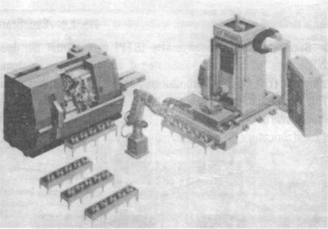 b) celula flexibilă de fabricaţie (CFF) este constituită din mai multe unităţi flexibile de prelucrare, cu un maximum de 20 de maşini şi utilaje controlate direct de calculator. În figura 1.