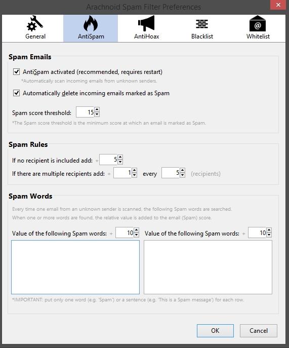 5.2 Η Καρτέλα επιλογών AntiSpam Στην καρτέλα AntiSpam ο χρήστης μπορεί να επιλέξει τα μηνύματα που ανιχνεύονται ως Spam να διαγράφονται αυτόματα από τον φάκελο ληφθέντων και να μεταφέρονται στον κάδο