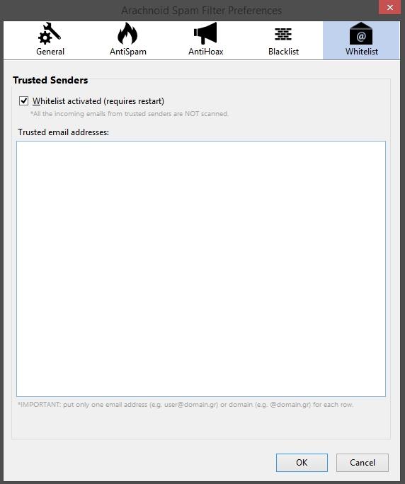 5.5 Η Καρτέλα επιλογών Whitelist Στην καρτέλα Whitelist ο χρήστης μπορεί να επιλέξει τα μηνύματα των οποίων ο αποστολέας εξαιρείται από την ανίχνευση για Spam και Hoax [Εικόνα 5.6].