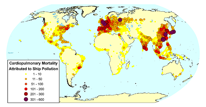 Εικόνα 20: Χάρτης ετήσιας θνησιμότητας λόγω καρδιοπνευμονικών παθήσεων που αποδίδεται σε εκπομπές αιωρουμένων σωματιδίων παγκοσμίως από τις θαλάσσιες μεταφορές [22].