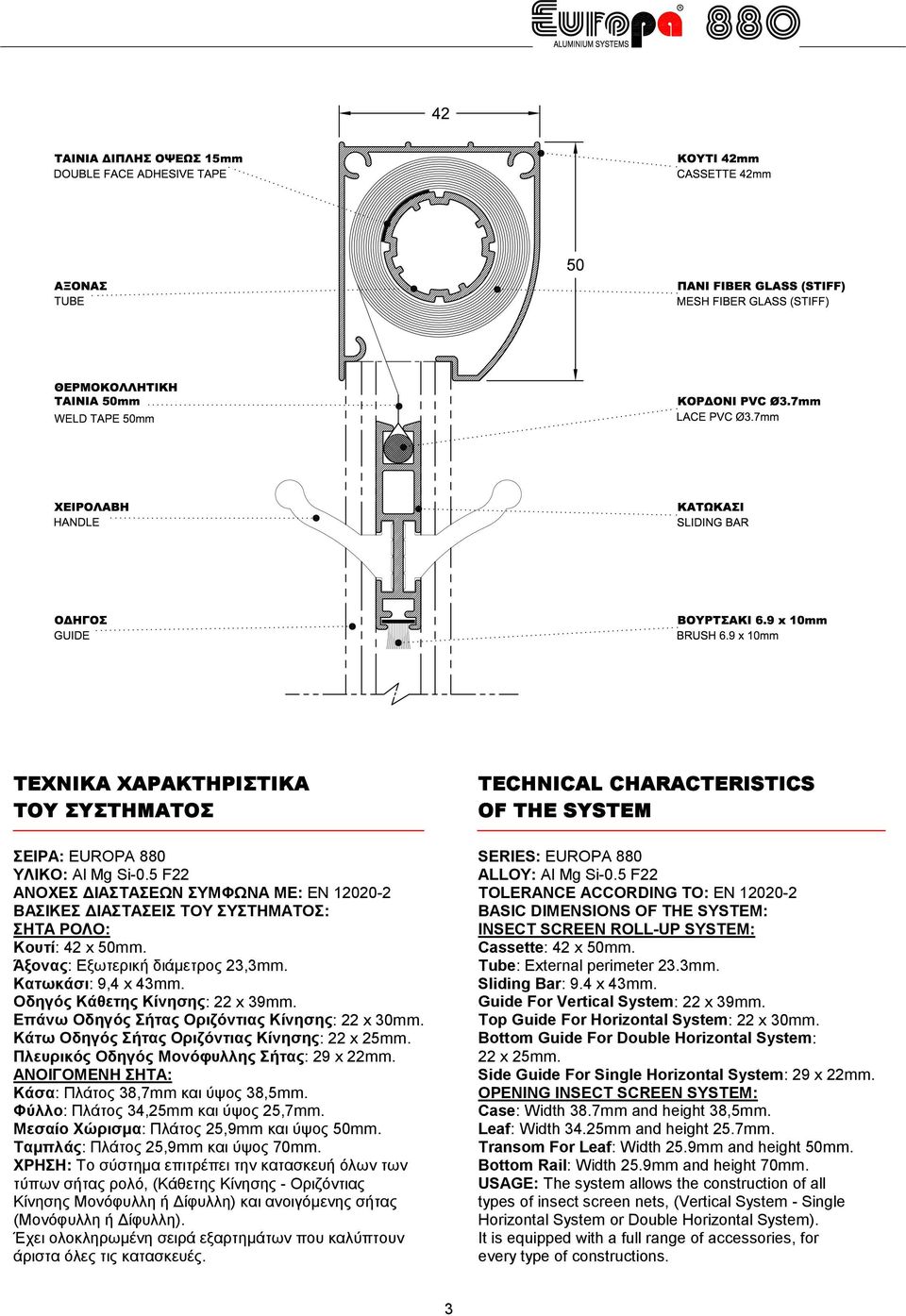 Πλευρικός Οδηγός Μονόφυλλης Σήτας: 29 x 22mm. ΑΝΟΙΓΟΜΕΝΗ ΣΗΤΑ: Κάσα: Πλάτος 38,7mm και ύψος 38,5mm. Φύλλο: Πλάτος 34,25mm και ύψος 25,7mm. Μεσαίο Χώρισµα: Πλάτος 25,9mm και ύψος 50mm.