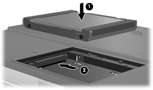 7. Ανασηκώστε τη µονάδα και αφαιρέστε τη από τον υπολογιστή (2). Για την εγκατάσταση µιας µονάδας σκληρού δίσκου: 1. Κατεβάστε τη µονάδα σκληρού δίσκου στη θέση µονάδας σκληρού δίσκου (1). 2.