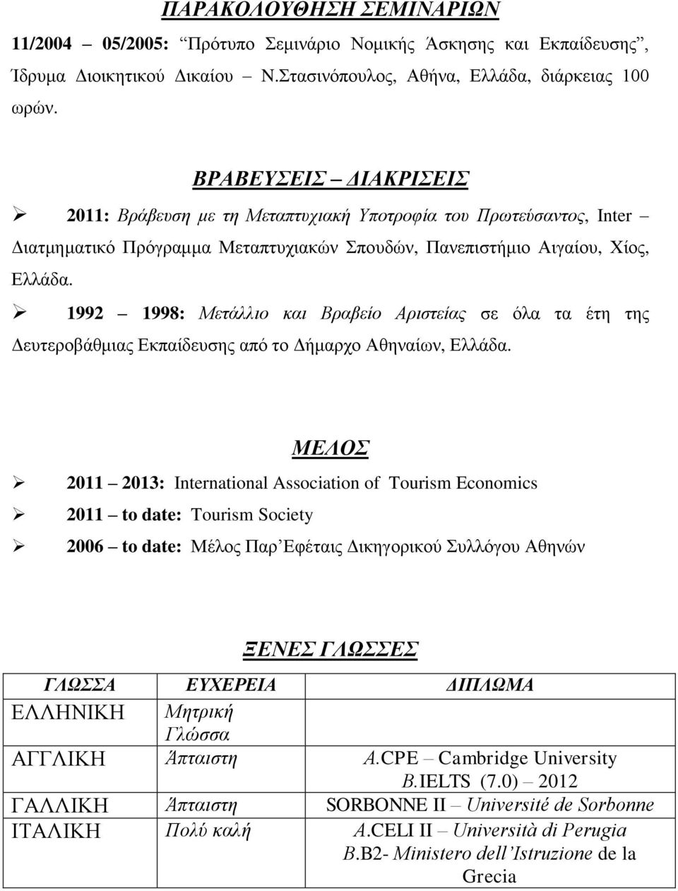 1992 1998: Μετάλλιο και Βραβείο Αριστείας σε όλα τα έτη της Δευτεροβάθμιας Εκπαίδευσης από το Δήμαρχο Αθηναίων, Ελλάδα.