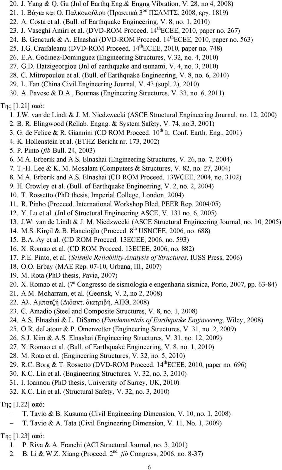 I.G. Craifaleanu (DVD-ROM Proceed. 14 th ECEE, 2010, paper no. 748) 26. E.A. Godinez-Dominguez (Engineering Structures, V.32, no. 4, 2010) 27. G.D. Hatzigeorgiou (Jnl of earthquake and tsunami, V.