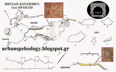 Χαρτογράφηση του 1983 της Καταβόθρας του Ηρακλή του 1983 από Bertolanni και Rossi ( Αστική Σπηλαιολογία, 2013) Κατά την επίσκεψη στην καταβόθρα διαπιστώθηκε ότι από τα 4,5 χιλιόμετρα που λέγεται ότι