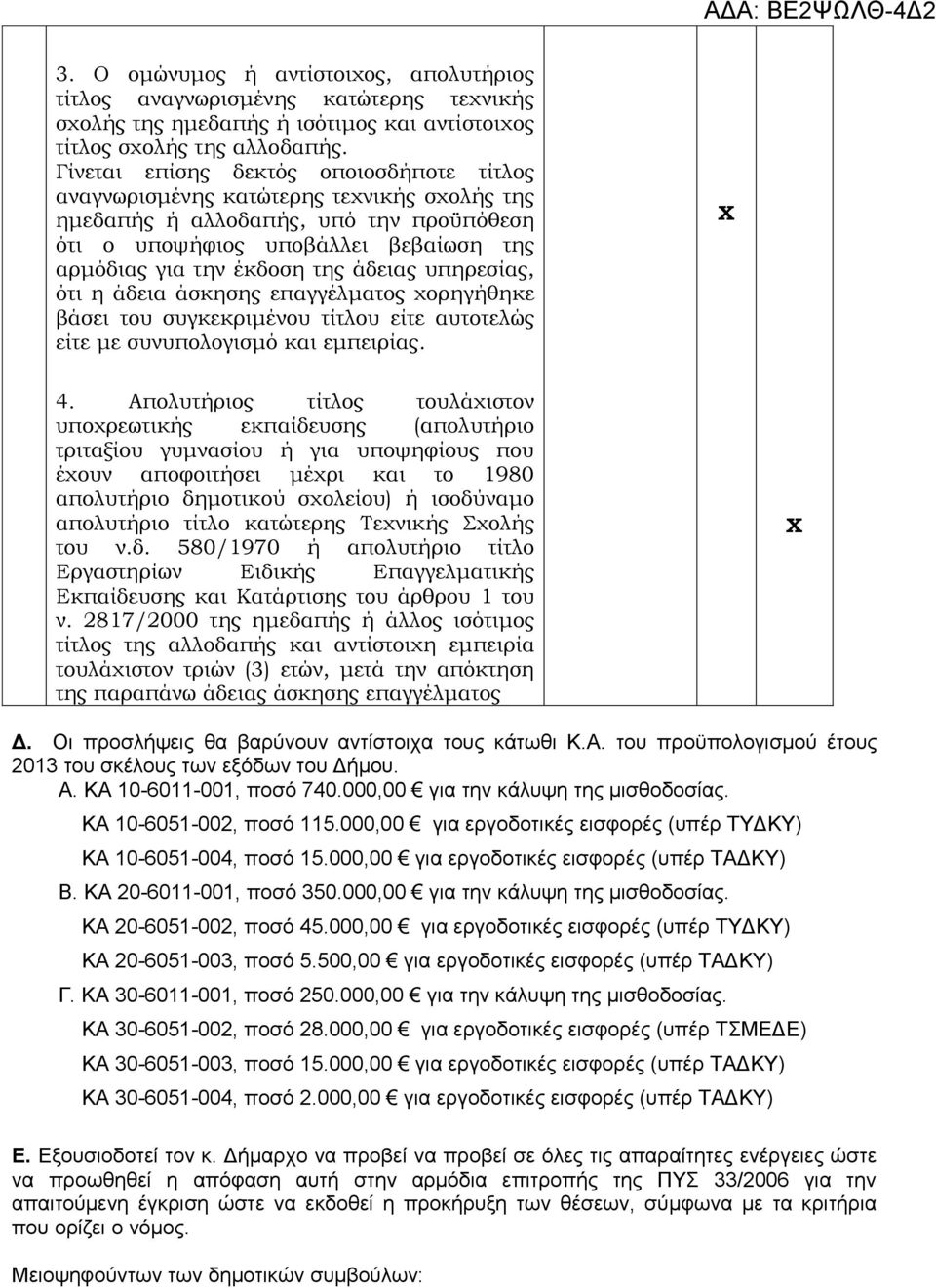 άδειας υπηρεσίας, ότι η άδεια άσκησης επαγγέλματος χορηγήθηκε βάσει του συγκεκριμένου τίτλου είτε αυτοτελώς είτε με συνυπολογισμό και εμπειρίας. 4.