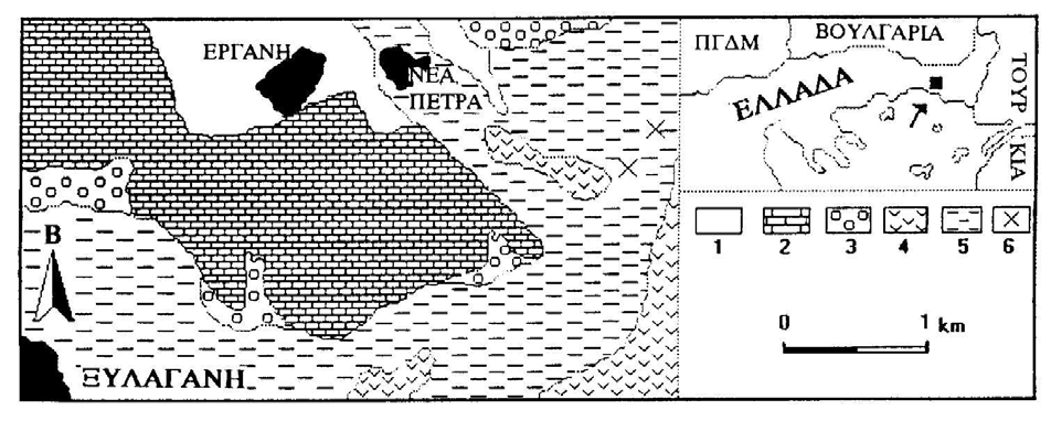 22 Σχ. 4.2.1. Γεωλογικός χάρτης της περιοχής Ξυλαγανής (κατά Κουρή 1980): 1.Αλλουβιακές αποθέσεις. 2.Νουμουλιτοφόρος Ασβεστόλιθος Ηώκαινου. 3.Κροκαλοπαγές Ηώκαινου. 4.Μεταδιαβάσης Μεσοζωικός. 5.