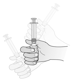 Urobte nasledovné: S injekčnou liekovkou položenou na stole nasaďte naplnenú injekčnú striekačku s vodou na adaptér injekčnej liekovky: jednou rukou podržte vonkajší okraj adaptéra injekčnej liekovky
