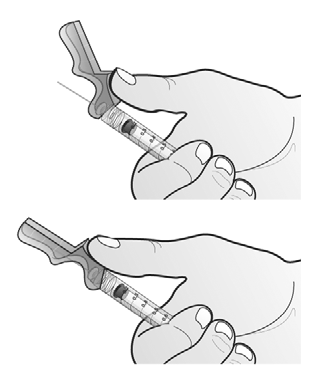Odstráňte priehľadný ochranný kryt ihly tak, že v jednej ruke podržíte injekčnú striekačku a druhou rukou opatrne rovno odtiahnete ochranný kryt.
