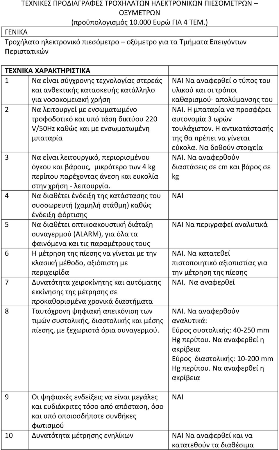 νοσοκομειακή χρήση 2 Να λειτουργεί με ενσωματωμένο τροφοδοτικό και υπό τάση δικτύου 220 V/50Hz καθώς και με ενσωματωμένη μπαταρία 3 Να είναι λειτουργικό, περιορισμένου όγκου και βάρους, μικρότερο των