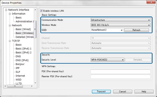 Παράρτημα 7. Επιλέξτε Network Interface > Network > Basic (Wireless) και, στη συνέχεια, διαμορφώστε μια λειτουργία σύνδεσης, το SSID και την ασφάλεια. 8. Κάντε κλικ στο στοιχείο Transmit.