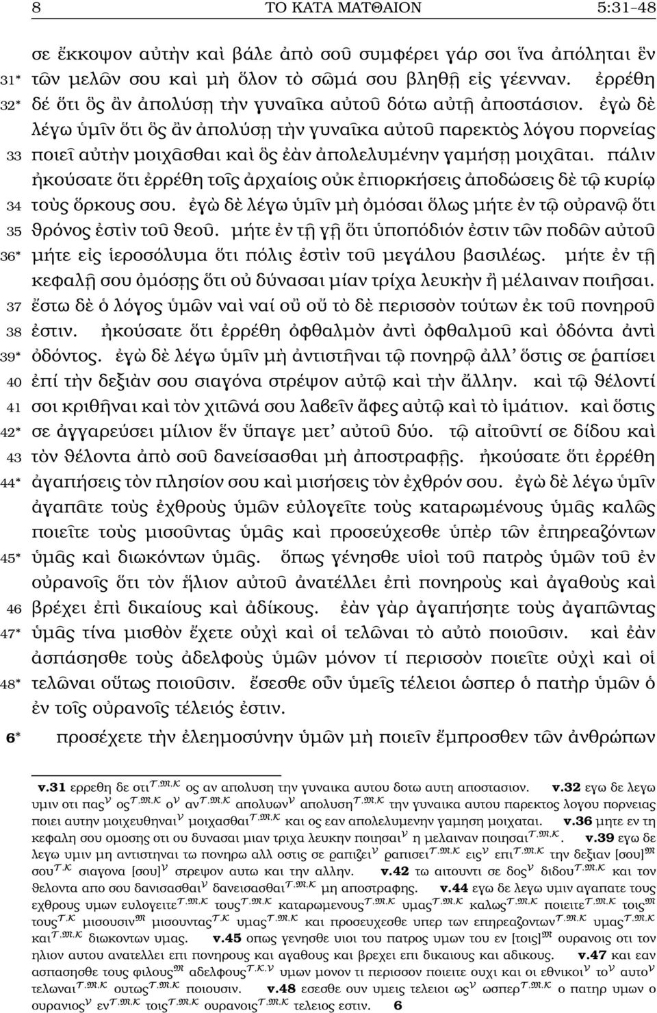 πάλιν κούσατε τι ρρέθη το ς ρχαίοις ο κ πιορκήσεις ποδώσεις δ τ κυρί 34 το ς ρκους σου. γ δ λέγω µ ν µ µόσαι λως µήτε ν τ ο ραν τι 35 ϑρόνος στ ν το ϑεο.