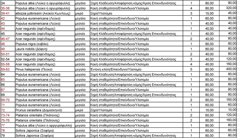 euramericana (Λεύκα) μεσαίο Κακή σταθερότητα/επικίνδυνο/υλοτομία 1 40,00 40,00 44 Acer negundo (σφένδαμος) μεσαίο Κακή σταθερότητα/επικίνδυνο/υλοτομία 1 40,00 40,00 45 Acer negundo (σφένδαμος) μεσαίο