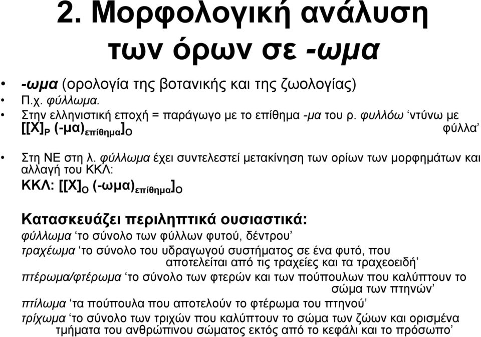 φύλλωμα έχει συντελεστεί μετακίνηση των ορίων των μορφημάτων και αλλαγή του ΚΚΛ: ΚΚΛ: [[Χ] Ο (-ωμα) επίθημα ] Ο Κατασκευάζει περιληπτικά ουσιαστικά: φύλλωμα το σύνολο των φύλλων φυτού, δέντρου