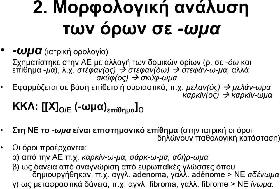 κατάσταση) Οι όροι προέρχονται: α) από την ΑΕ π.χ. καρκίν-ω-μα, σάρκ-ω-μα, αθήρ-ωμα β) ως δάνεια από αναγνώριση από ευρωπαϊκές γλώσσες όπου δημιουργήθηκαν, π.χ. αγγλ.