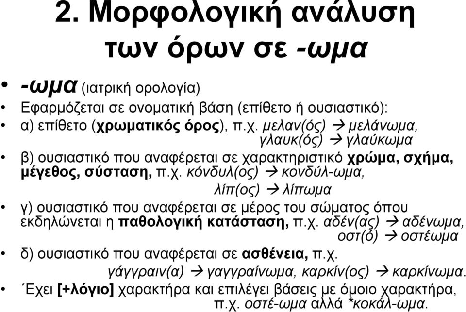 χ. αδέν(ας) ( αδένωμα, οστ(ό) οστέωμα δ) ουσιαστικό που αναφέρεται σε ασθένεια, π.χ. γάγγραιν(α) γαγγραίνωμα, καρκίν(ος) καρκίνωμα.