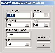 5.e Λειτουργίες αναµεταδοτών Στον DVB2000 δεν υπάρχουν λίστες αναµεταδοτών στις ρυθµίσεις. Τα δεδοµένα αναµεταδοτών όπως συχνότητα, ρυθµός συµβόλων, κ.τ.λ. αποθηκεύονται για κάθε κανάλι ξεχωριστά.