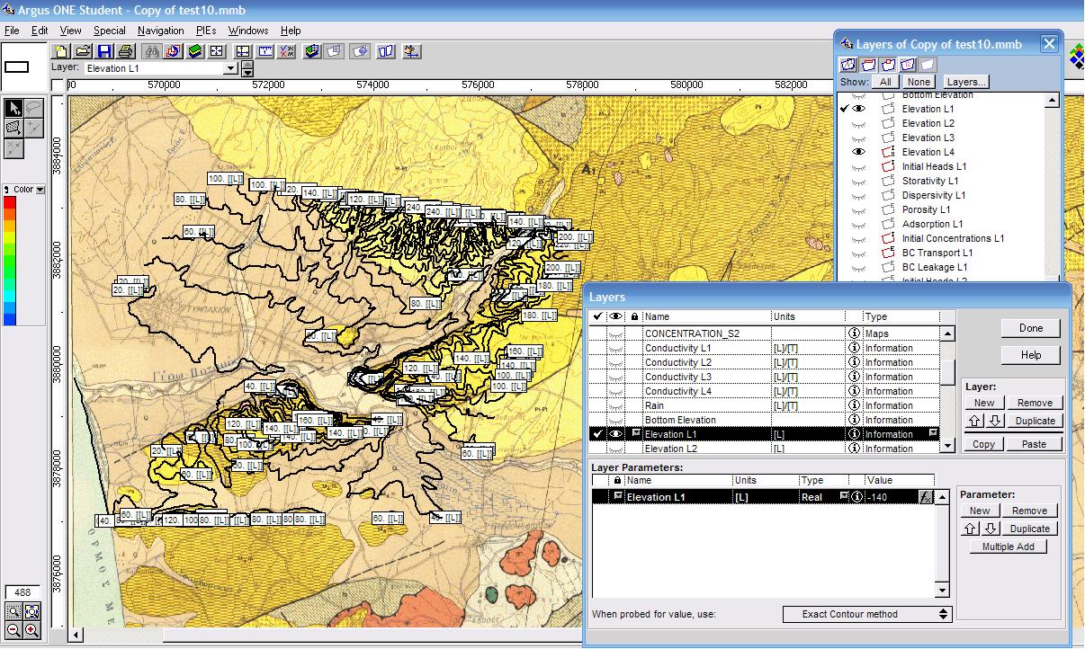 ΜΕΡΟΣ Γ Μοντελοποίηση Περιοχής Μελέτης Εικόνα 8-7. Στο ενεργοποιημένο layer γίνεται εισαγωγή της καθορισμένης τιμής υψομέτρου (-140 m) που αντιστοιχεί στο layer 1.
