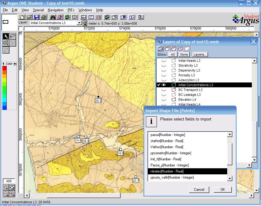 ΜΕΡΟΣ Γ Μοντελοποίηση Περιοχής Μελέτης Εικόνα 8-11. Εισαγωγή τιμών συγκέντρωσης σε μορφή shapefile, στο layer 3. Παρόμοια, εισάγονται και οι τιμές συγκέντρωσης στα άλλα επίπεδα.