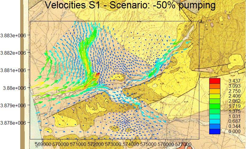 ΜΕΡΟΣ Γ Μοντελοποίηση Περιοχής Μελέτης Εικόνα 8-21. Ταχύτητες υπόγειας ροής στο σενάριο υποδιπλασιασμού της παροχής άντλησης τη χειμερινή περίοδο.