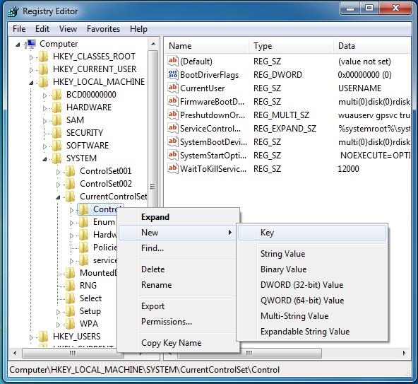 Απαγόρευση Εγγραφής με Τροποποίηση της Registry Εικόνα Γ.315: Λειτουργία Registry Editor 2.3. Κάτω από την επιλογή CurrentControlSet, δεξί κλικ στην επιλογή Control και στη συνέχεια στο υπομενού New επιλογή του Key (εικ.