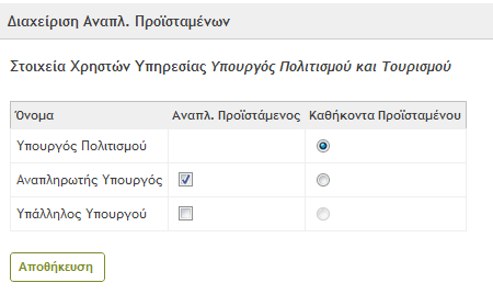 Όνομα : DocuTracks User Manual Σελίδα : 18 από 102 Εικόνα 8: Επιλογή Διαχείρισης Αναπληρωτών Προϊσταμένων Με την επιλογή αυτή, εμφανίζεται στον χρήστη ένας πίνακας με όλους τους χρήστες της υπηρεσίας