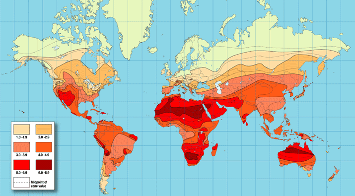 Η ενέργεια που παρέχεται από τον ήλιο σε ετήσια βάση διαφέρει από περιοχή σε περιοχή, π.χ. στη Σαχάρα είναι 2,2 φορές υψηλότερη σε σύγκριση με την Ευρώπη.