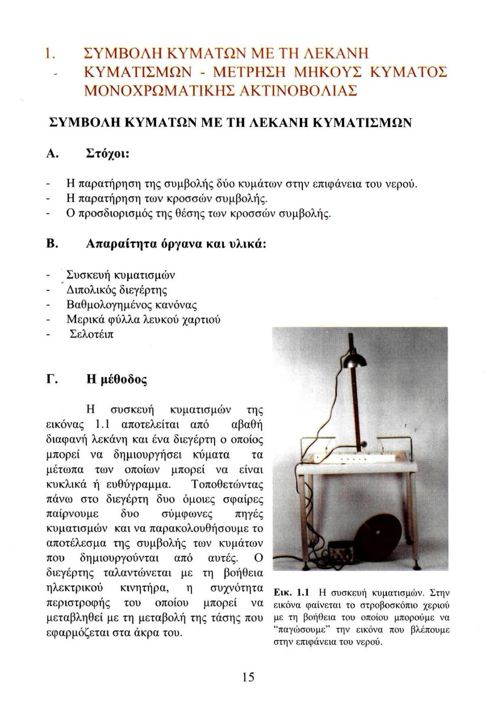 Απαραίτητα όργανα και υλικά: Συσκευή κυματισμών Διπολικός διεγέρτης Βαθμολογημένος κανόνας Μερικά φύλλα λευκού χαρτιού Σελοτέιπ Γ. Η μέθοδος Η συσκευή κυματισμών της εικόνας 1.