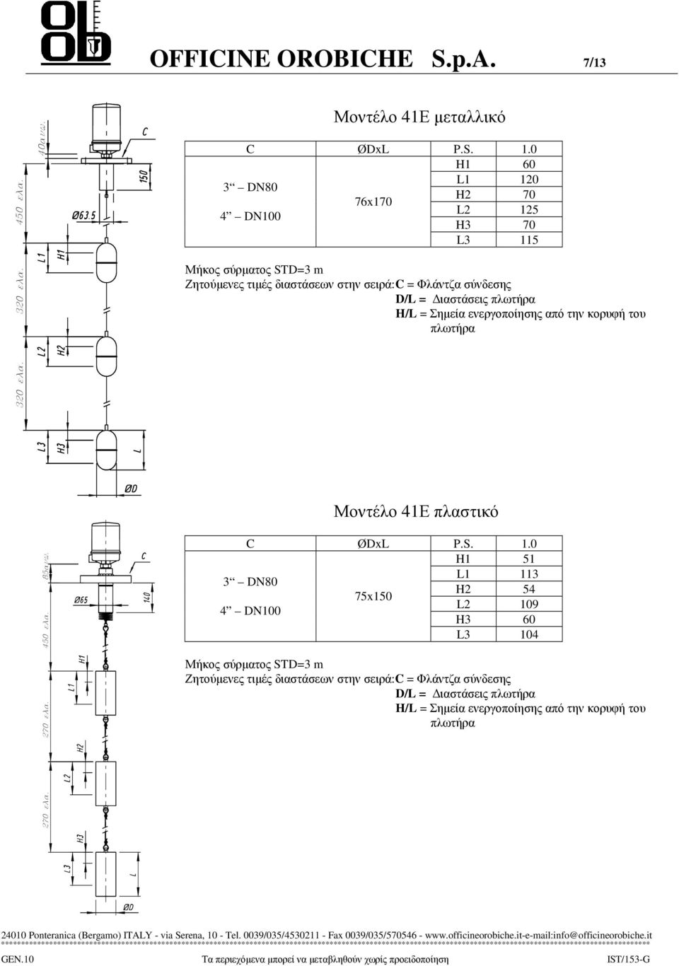 C = Φλάντζα σύνδεσης 85anw. 270 ela. 270 ela. 450 ela. Μοντέλο 41Ε πλαστικό C ØDxL P.S. 1.