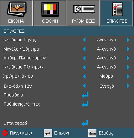 Χειριστήρια Χρήστη ΕΠΙΛΟΓΕΣ Για να απενεργοποιήσετε τη λειτουργία κλειδώματος πλήκτρων πατήστε και κρατήστε πατημένο του κουμπί "Enter" στο πάνω μέρος του προβολέα για 5 δευτερόλεπτα.